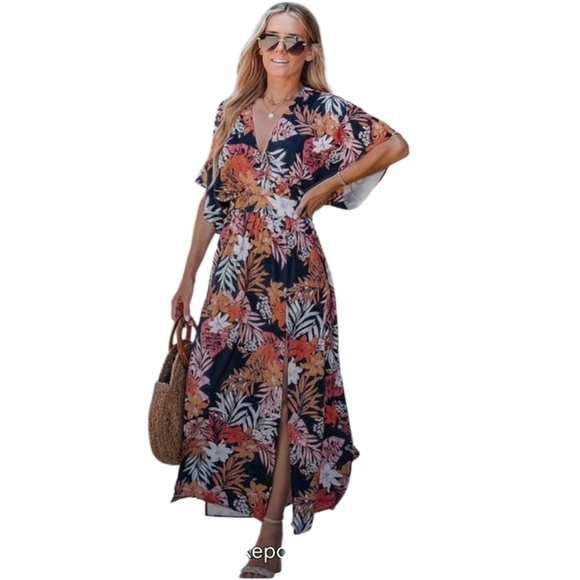 CUPSHE Orange Red Pink Floral Maxi Dress NWT - Picture 4 of 6